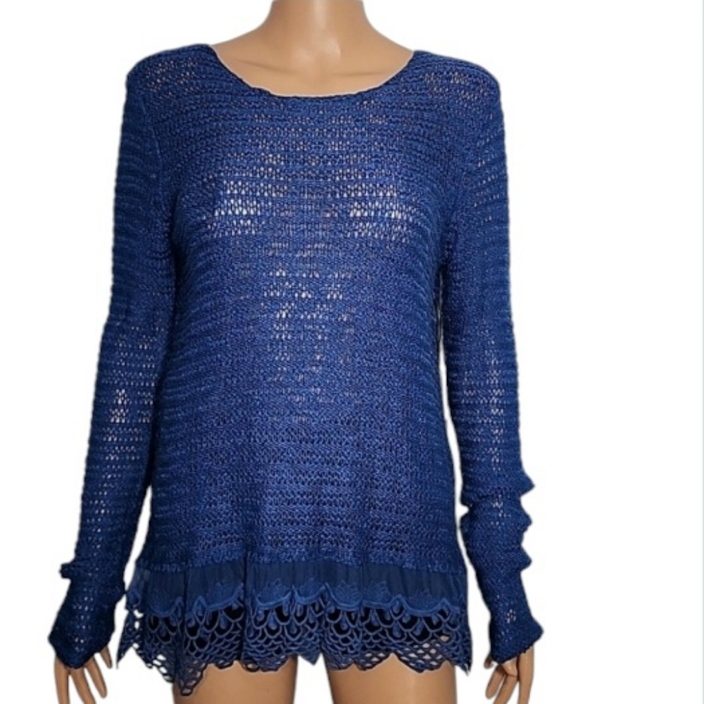 ACTIVE USA Women's Crochet Sweater Size L Large Blue Long Sleeve Open knit NWT